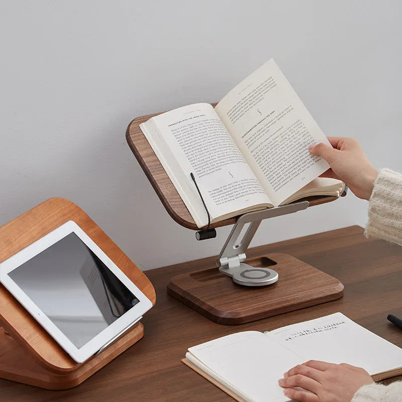Walnut wood adjustable reading rack holding a book and tablet on rotating mechanism