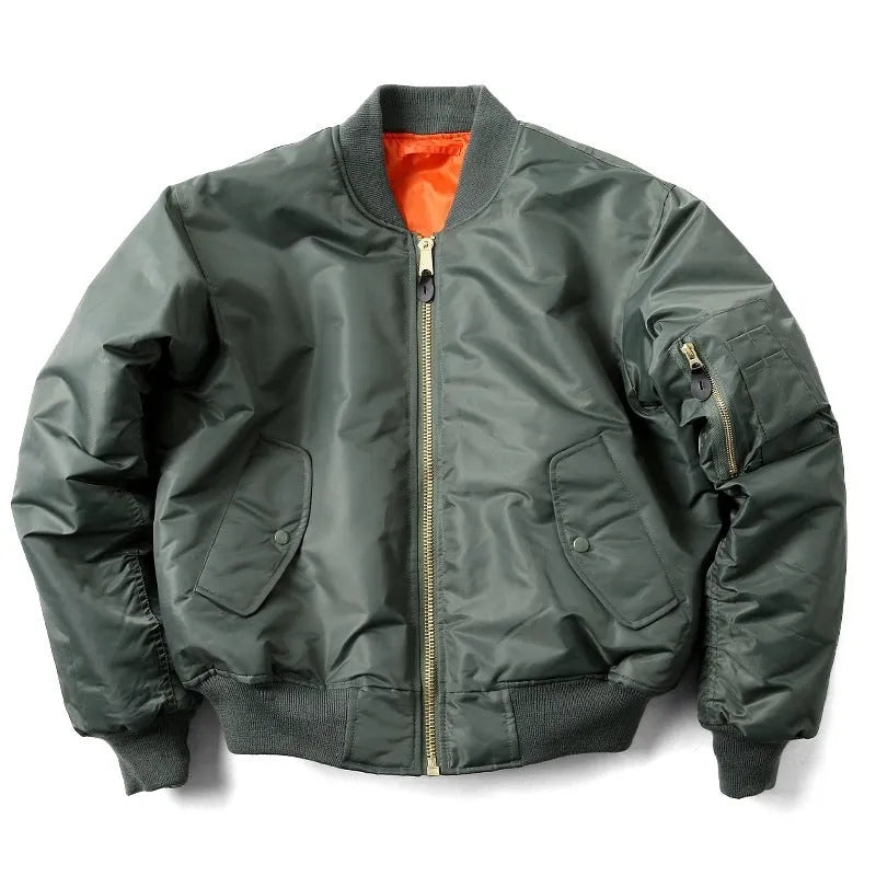 Men's loose fit pilot jacket in army green, showing cotton padding and double-sided nylon construction.