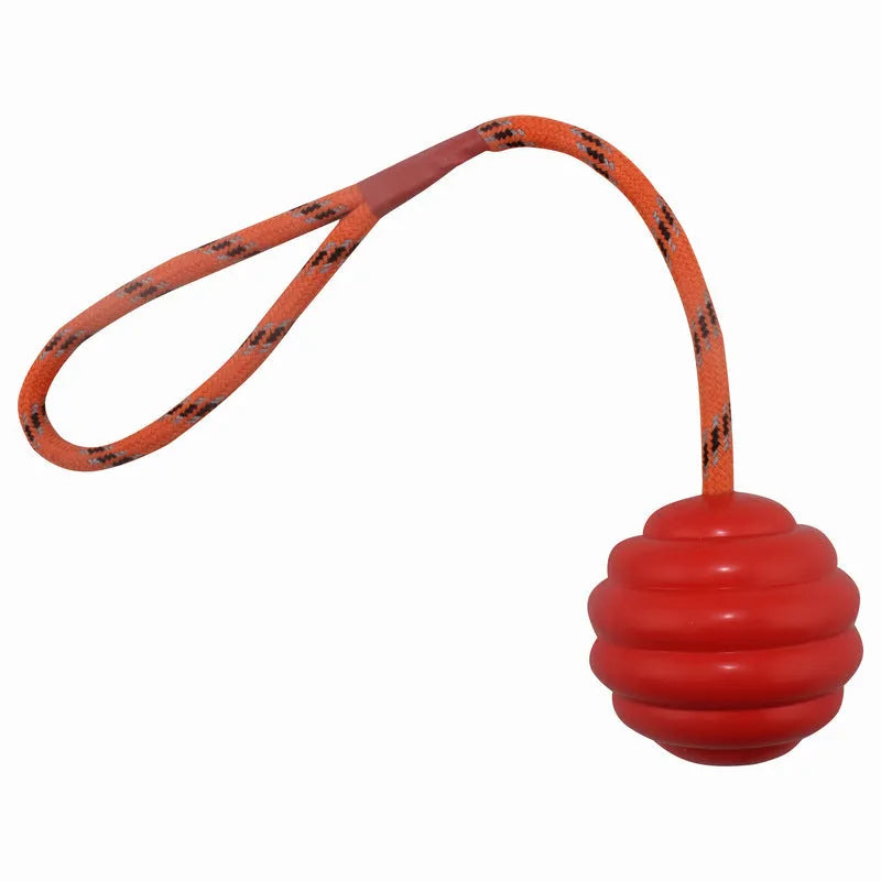 Rubber pet training ball with rope knot texture in multiple colour options