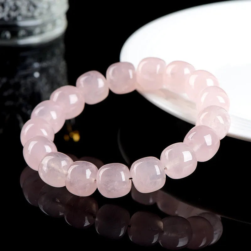 Pink bamboo crystal barrel bead bracelet with 11-12mm geometric beads and unisex design