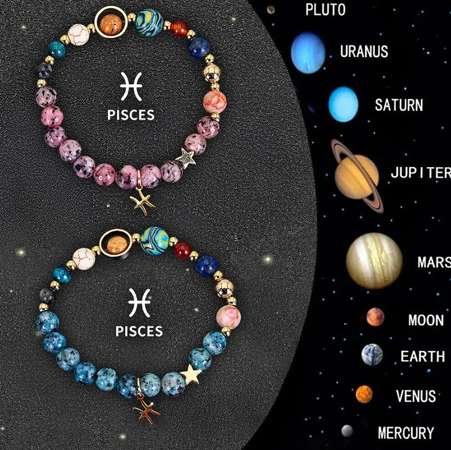 Set of two natural stone beaded bracelets with adjustable strings, showcasing zodiac constellation styles.
