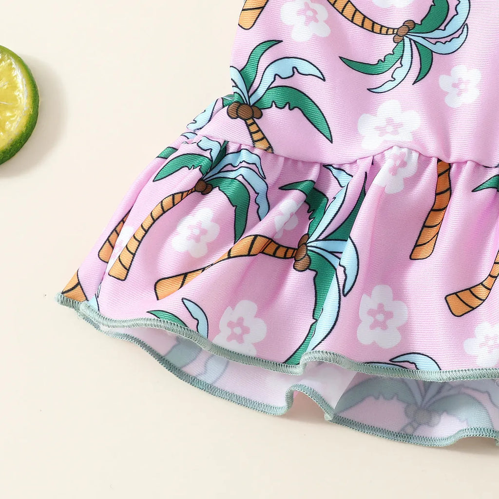 White children's two-piece swimsuit set with a top and matching shorts on a hanger.