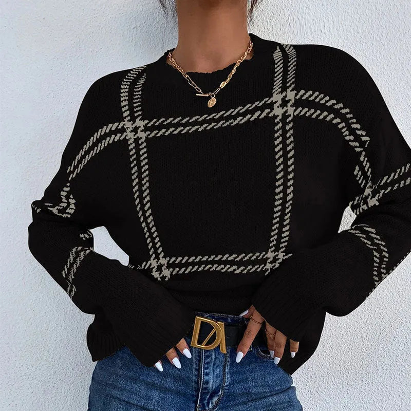 Women's casual plaid colour-block acrylic pullover sweater in loose fit with regular sleeves