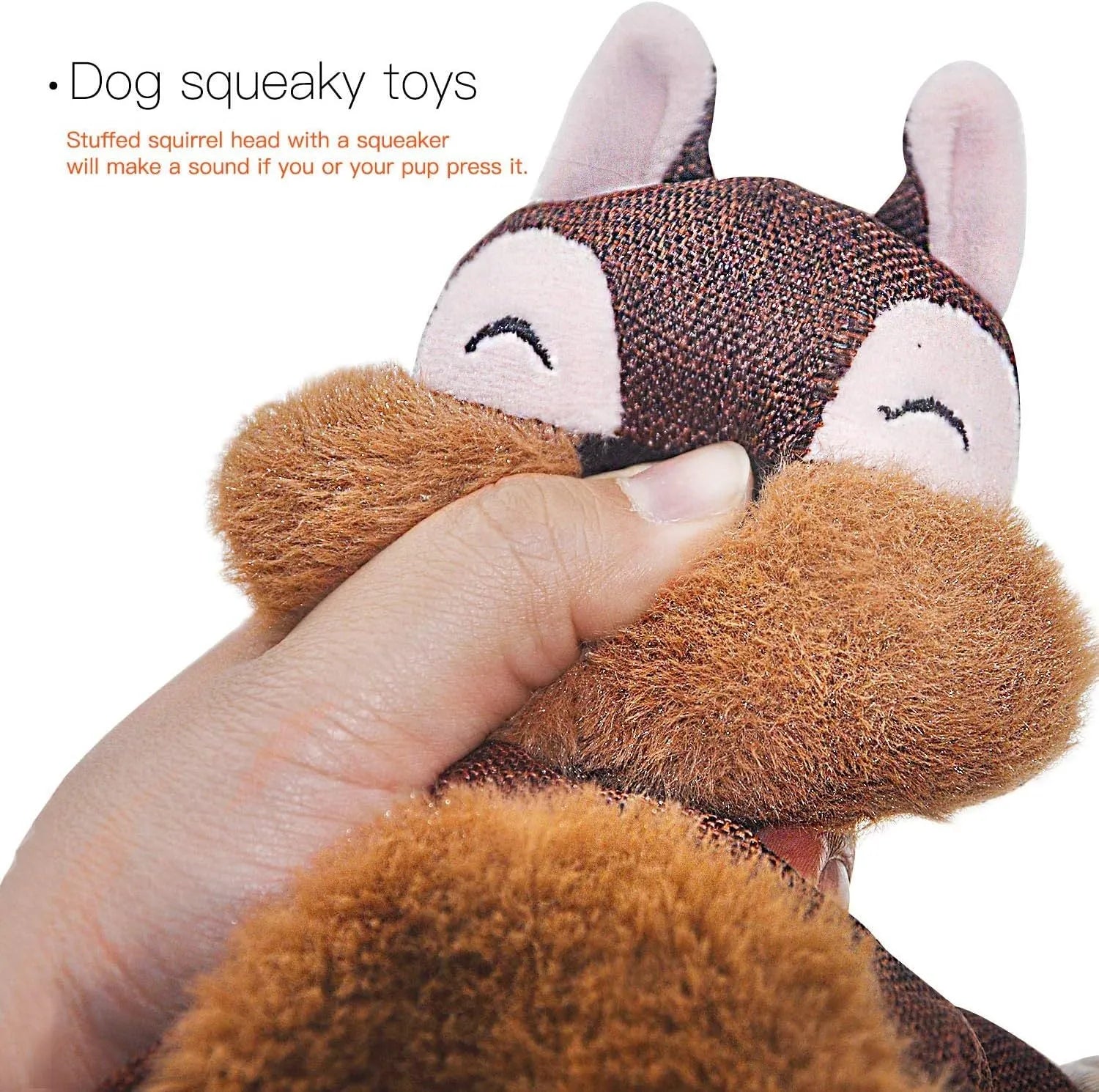 Brown fox-shaped dog toy with squeaker, crinkle paper, cotton rope limbs, and embroidered eyes
