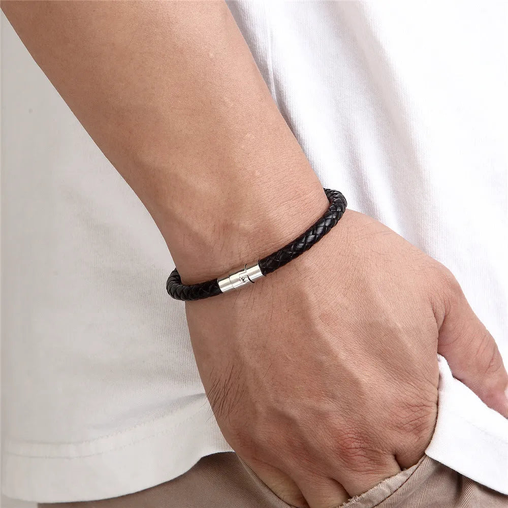 Men's titanium steel geometric wire bracelet with a magnetic clasp, shown in one of four available colour options.