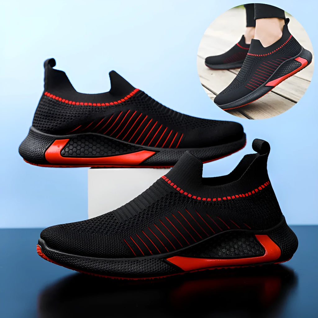 Men's mesh slip-on sneakers with striped design and front lace-up in black colour