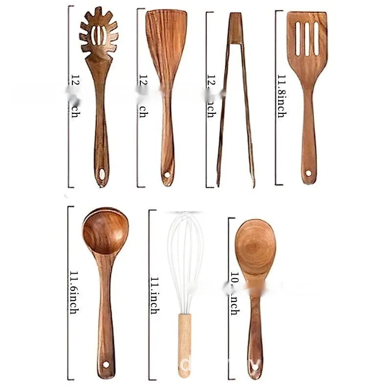 7-piece wooden kitchen utensil set with spoon spatula and soup spoon in natural wood material