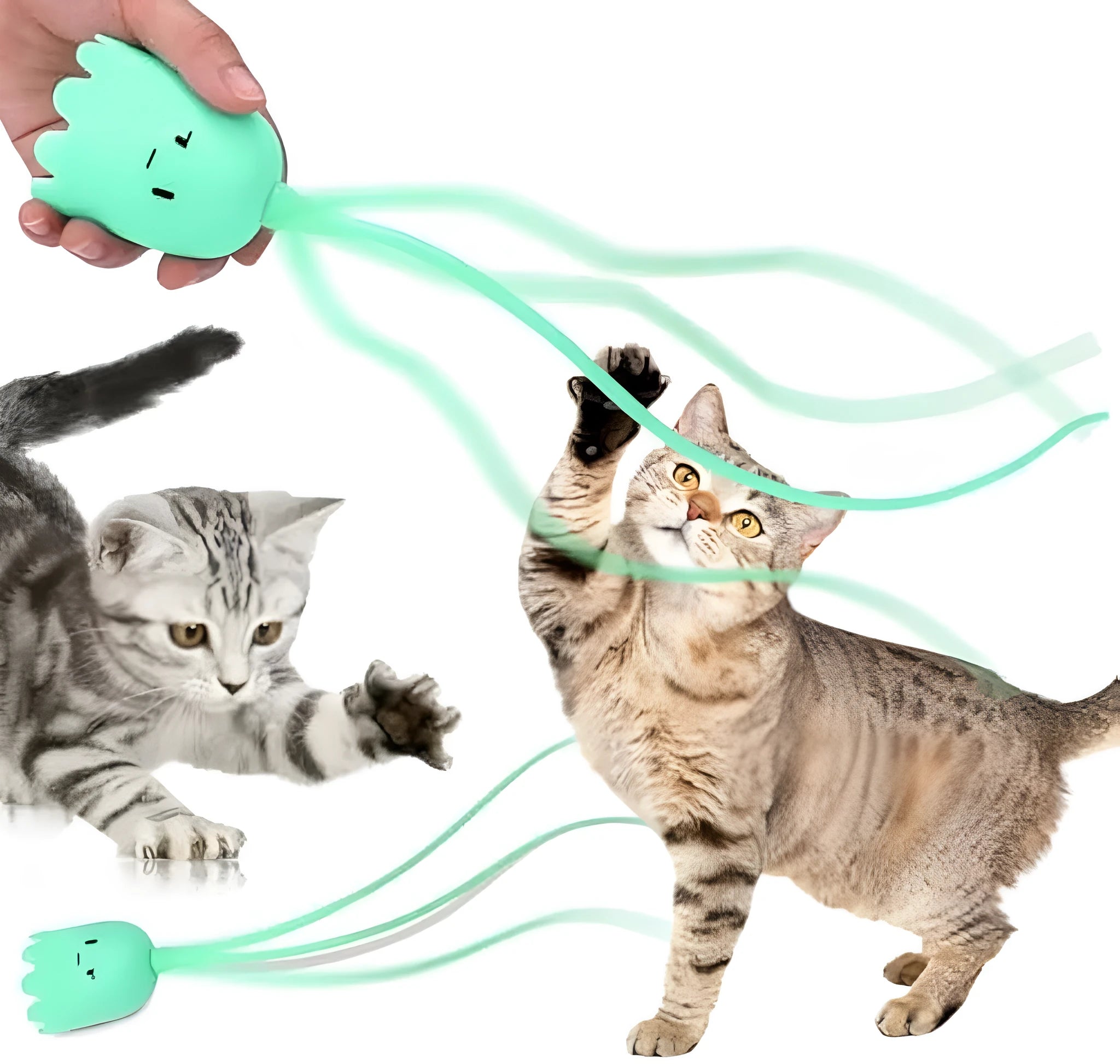 Electronic cat wand toy with swinging silicone tails on green background