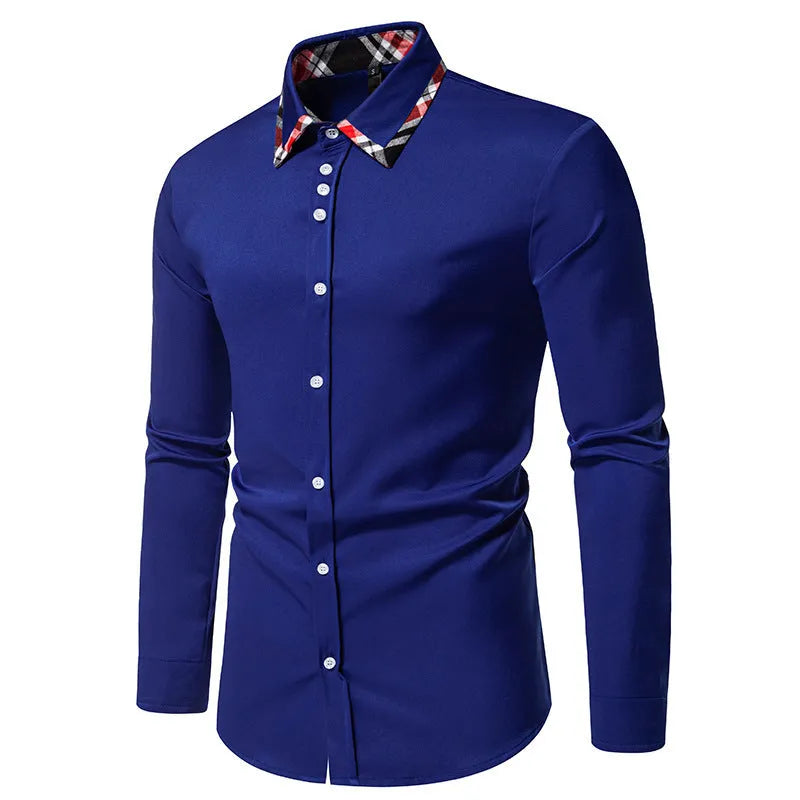 Men's plaid long sleeve shirt with triangle collar in blue, black or white colour options