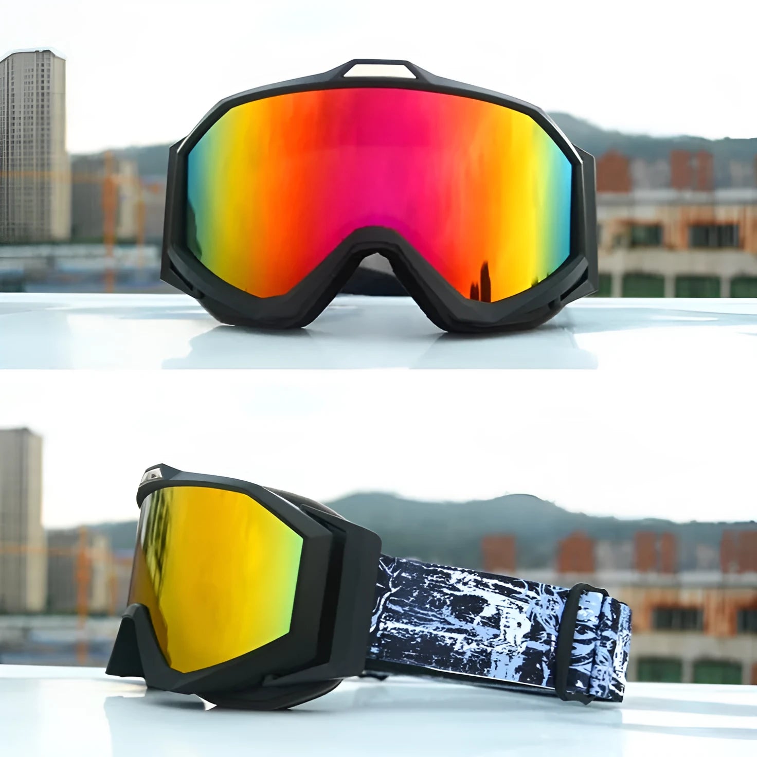 Motorcycle goggles in various colours with double-layer anti-fog lenses and storage cloth bag