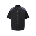 Retro washed denim suit with short-sleeved jacket and matching trousers in black or blue