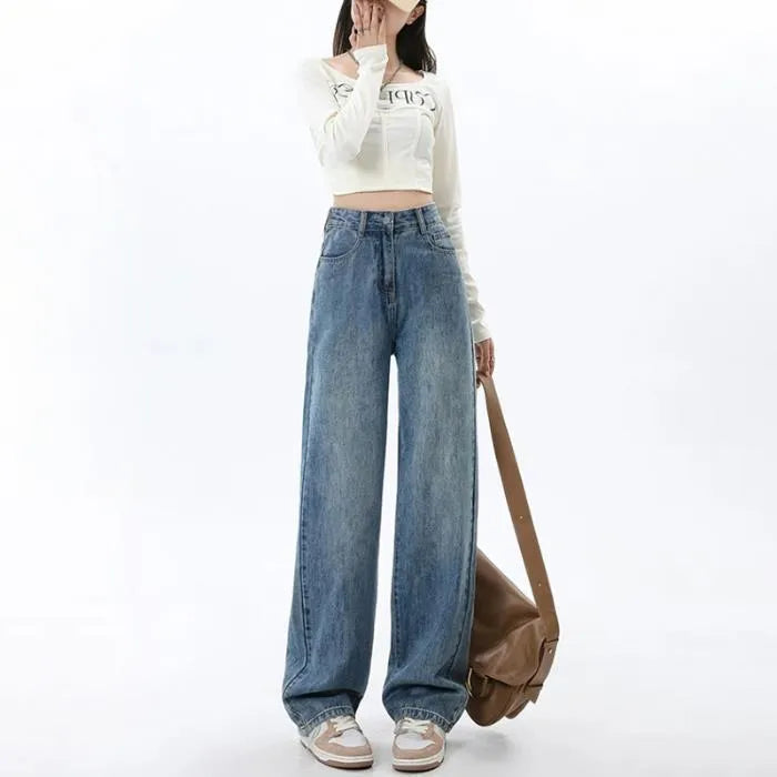 Women's retro blue high waist wide leg jeans with straight cut and stretch denim fabric