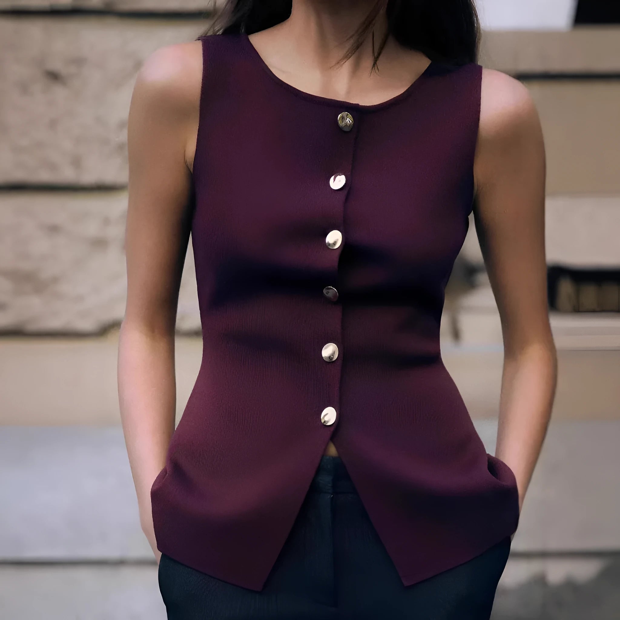 Slim fit sleeveless vest cardigan in viscose fibre with 3D pattern in dark red and white colour options