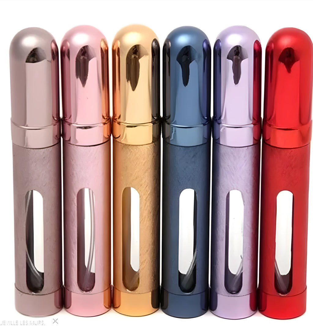 Slender 12ml aluminium portable perfume bottle with glass liner in choice of six colours.