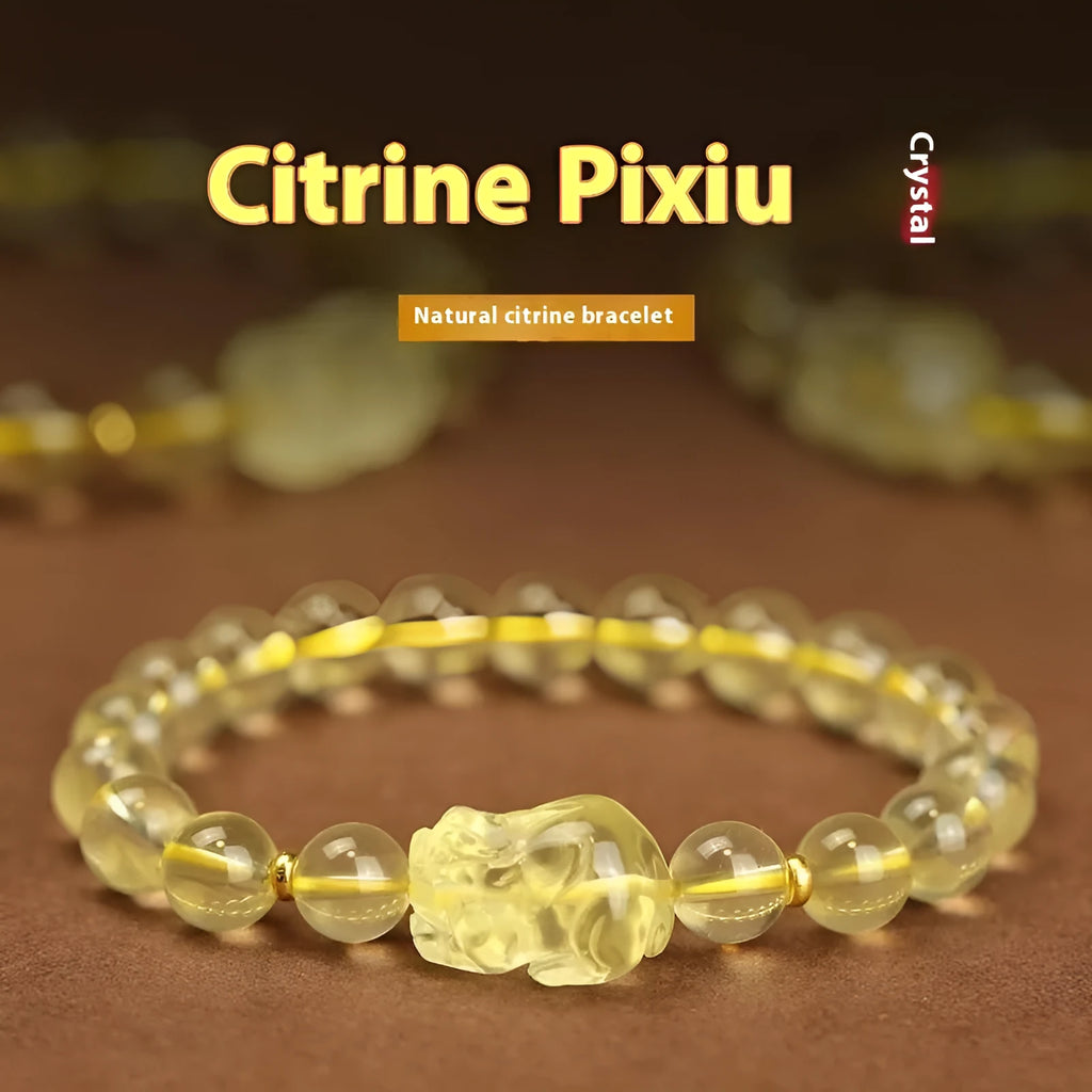 Yellow leather bracelet with artificial citrine crystal Pi Xiu charm in Chinese national style
