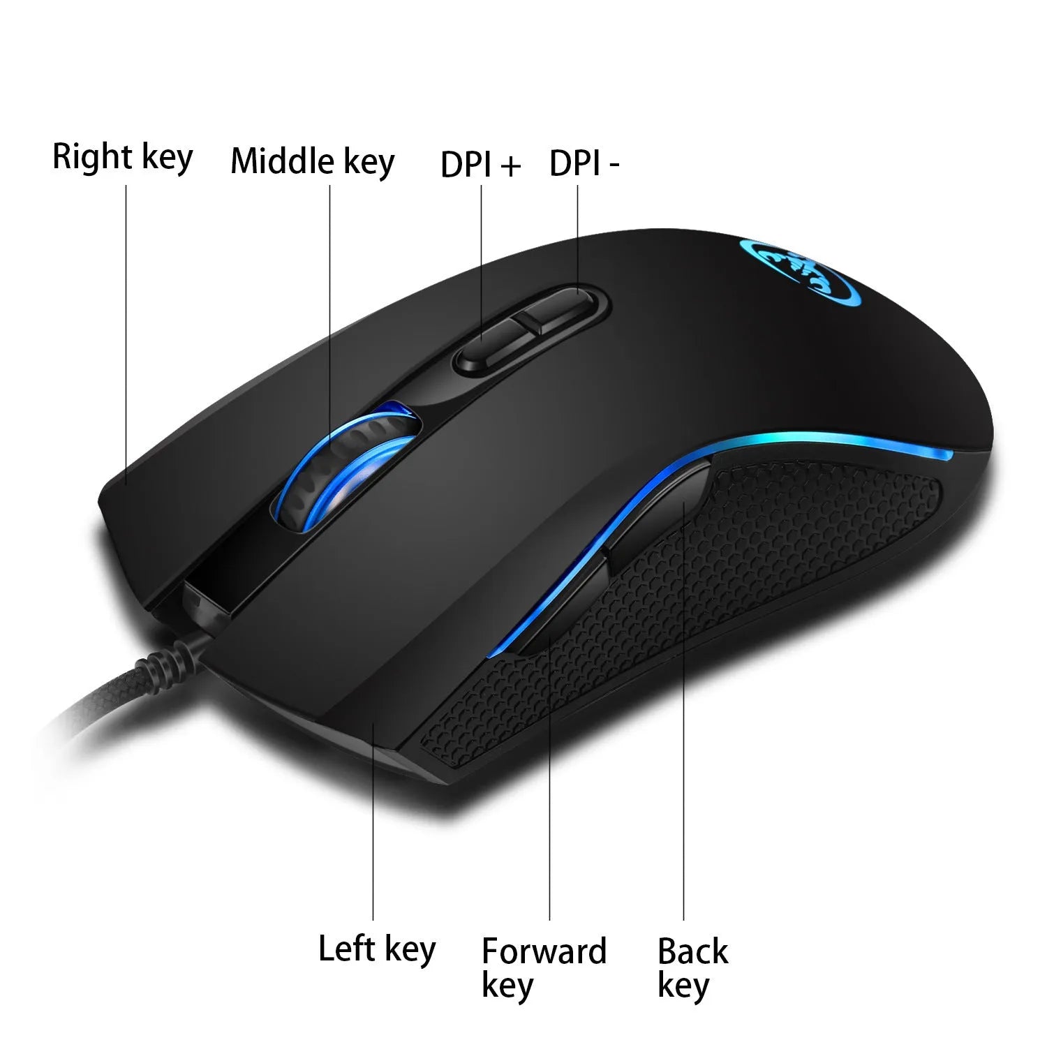 White and black gaming keyboard and mouse combo with colour backlight on desk