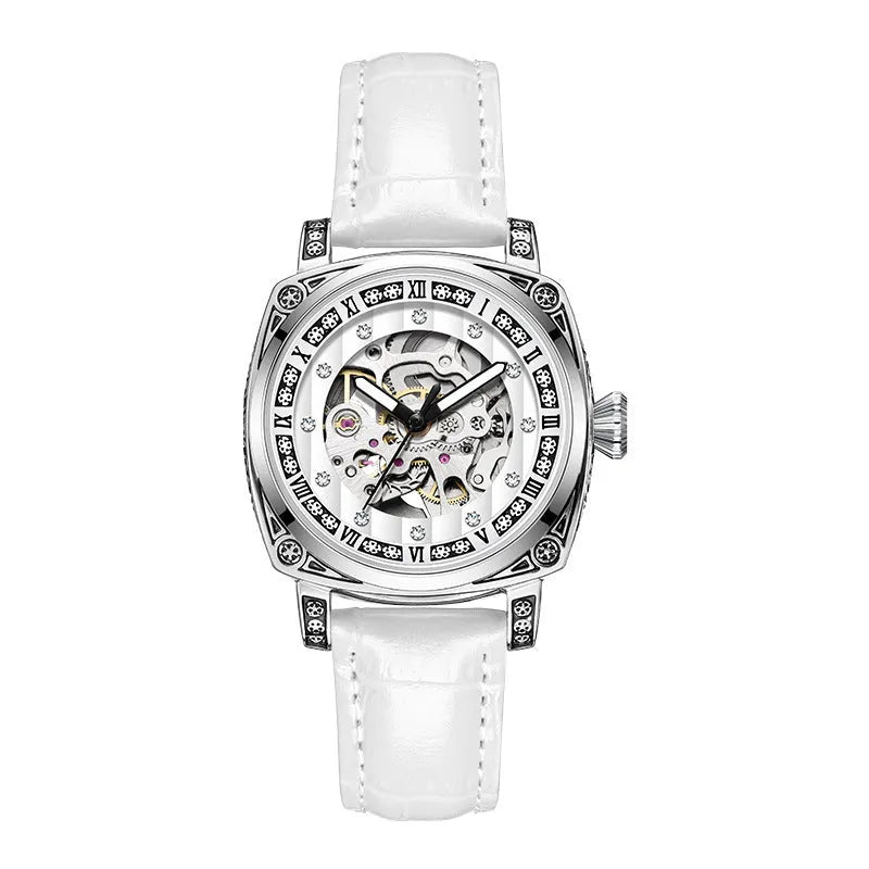 Mechanical watch with luminous hands on a leather strap, stainless steel case, shown in black colour.