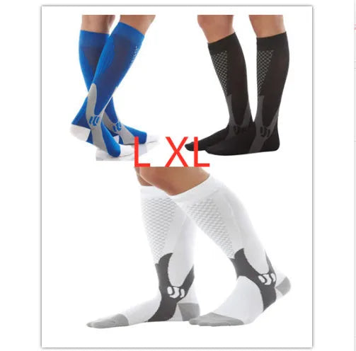 Athletic fit graduated compression socks for men and women in black, shown on a leg.