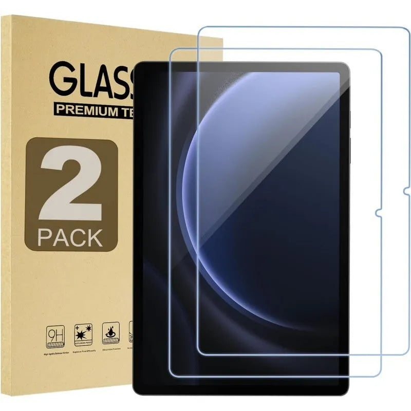 Samsung Galaxy tablet with a clear tempered glass screen protector applied, showing anti-fingerprint coating.