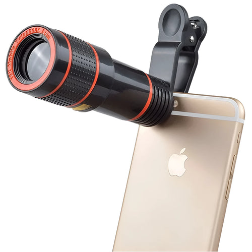 12X magnification phone telescope lens with mounting clip on a black smartphone