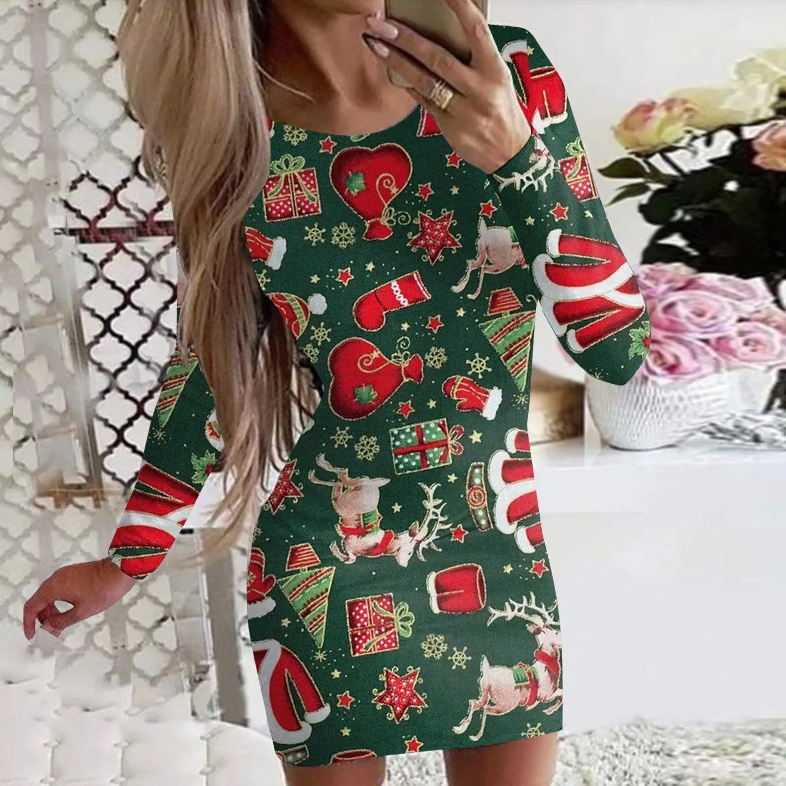 Women's tight-fitting Christmas dress with floral animal print, round neck, long sleeves, and a short hip skirt.