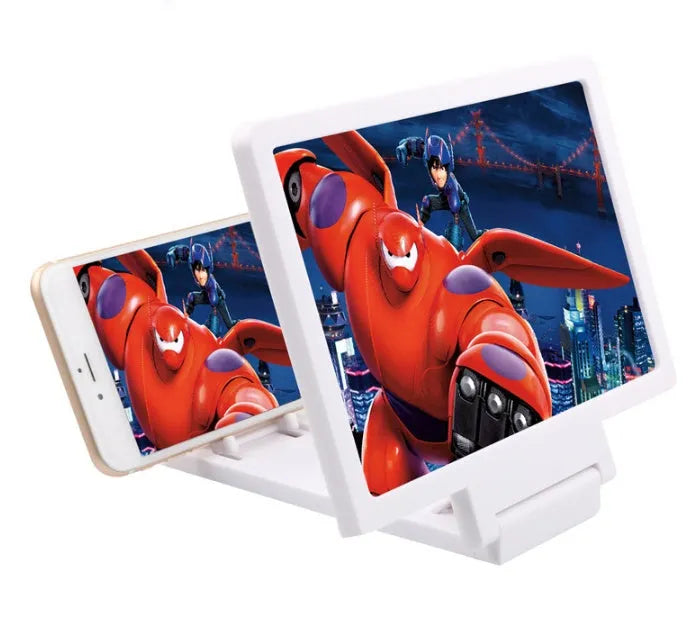 Black and white 3D mobile phone screen amplifier stand on a table, holding a phone.
