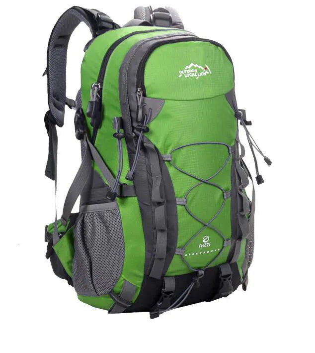 Green polyester outdoor sports backpack with 35L capacity for hiking and camping