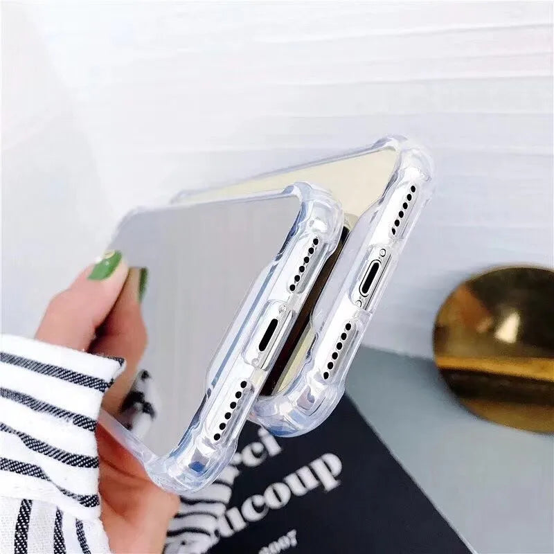 Mirror finish protective TPU case for iPhone shown in various colours.