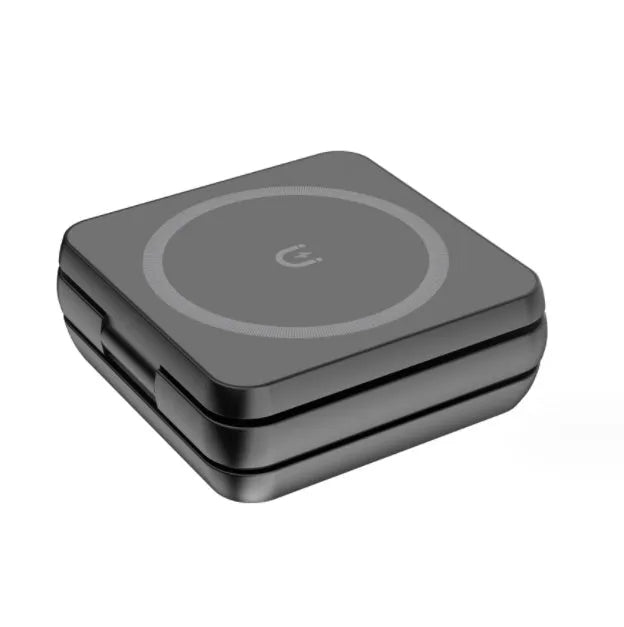 Foldable three-in-one desktop wireless charging stand for Apple iPhone and Samsung Galaxy phone.