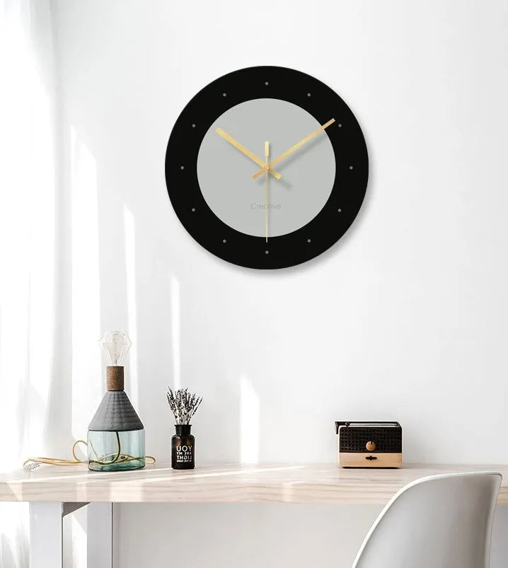 Minimalist transparent tempered glass wall clock with large 29.5 cm diameter face on a white wall.