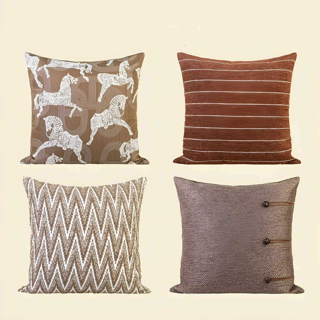 Chinese style square cushion pillow in geometric pattern, 45cm size, on a sofa.