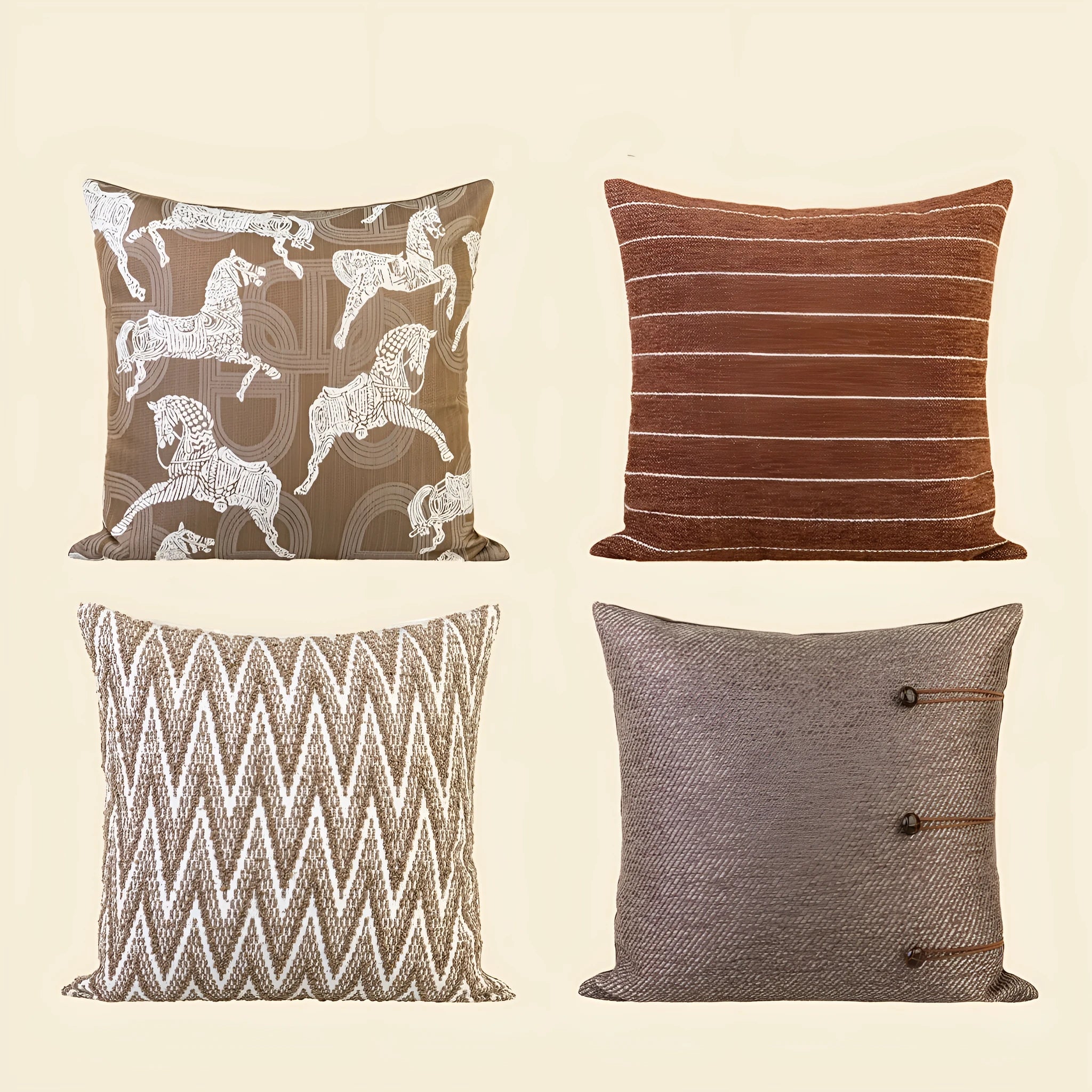 Chinese style square cushion pillow in geometric pattern, 45cm size, on a sofa.