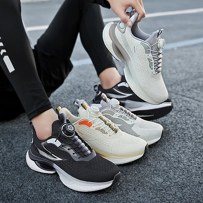 Men's low-top running shoes with rotating button buckle on beige Fly-kit mesh upper and TPU sole.