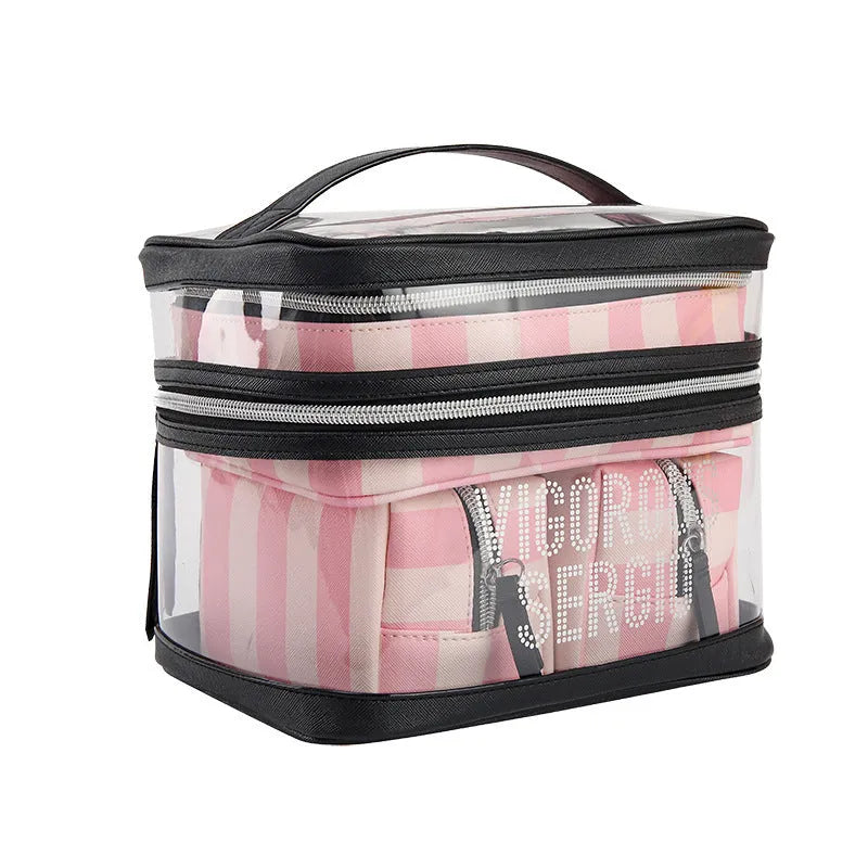 Pink bold stripes floral makeup buggy bag in synthetic leather with waterproof finish.