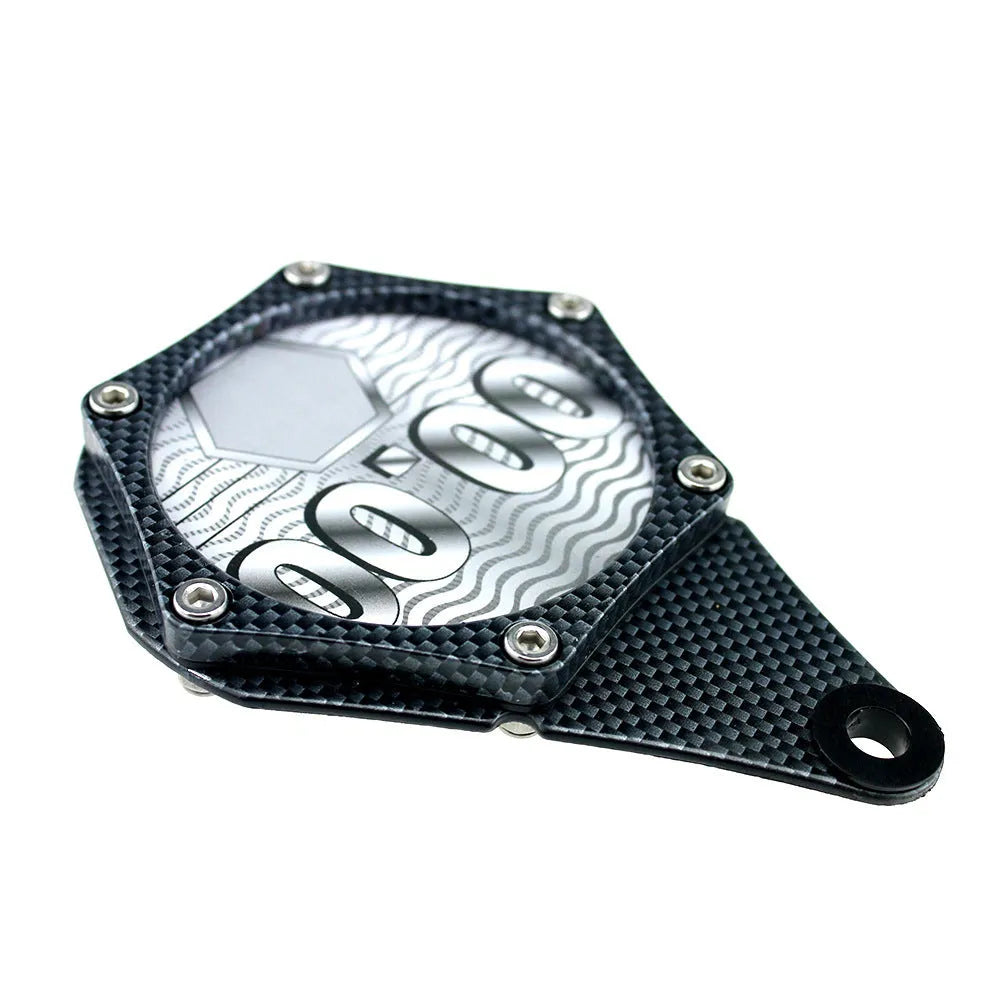 Black carbon fibre pattern motorcycle tax seal with metal alloy body and six-corner screw, 100mm by 7mm.