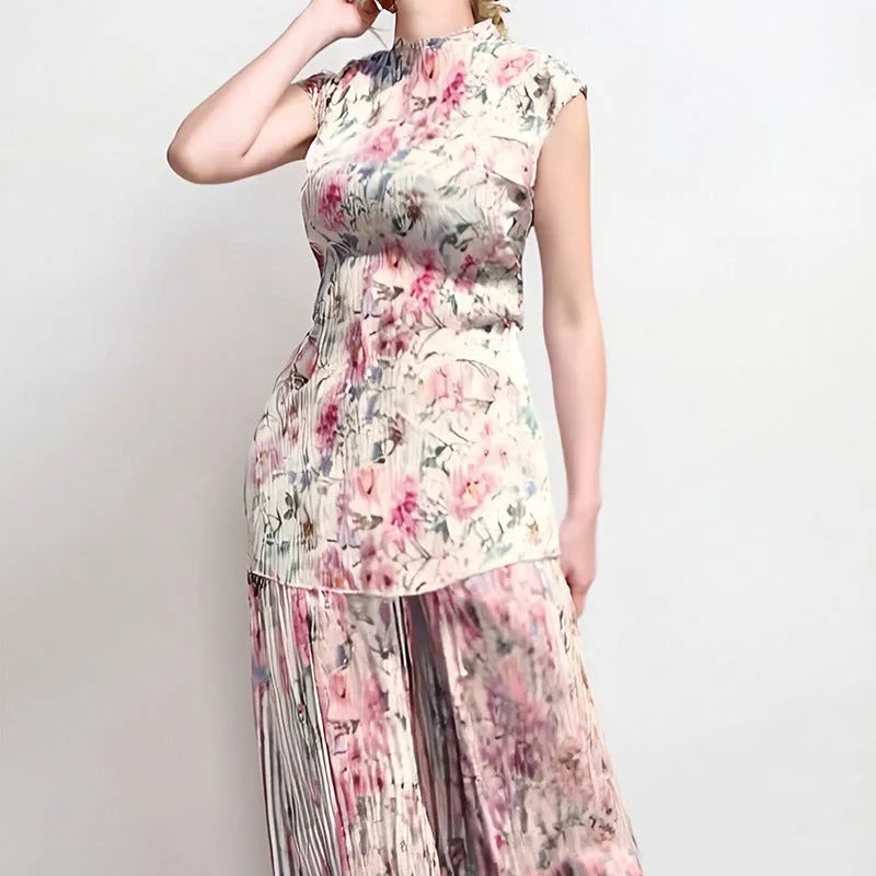 Women's long sleeve printed chiffon dress with high waist, shown in picture colour.