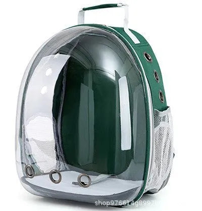 Grey PC astronaut-style pet carrier backpack with side-opening door for a cat.