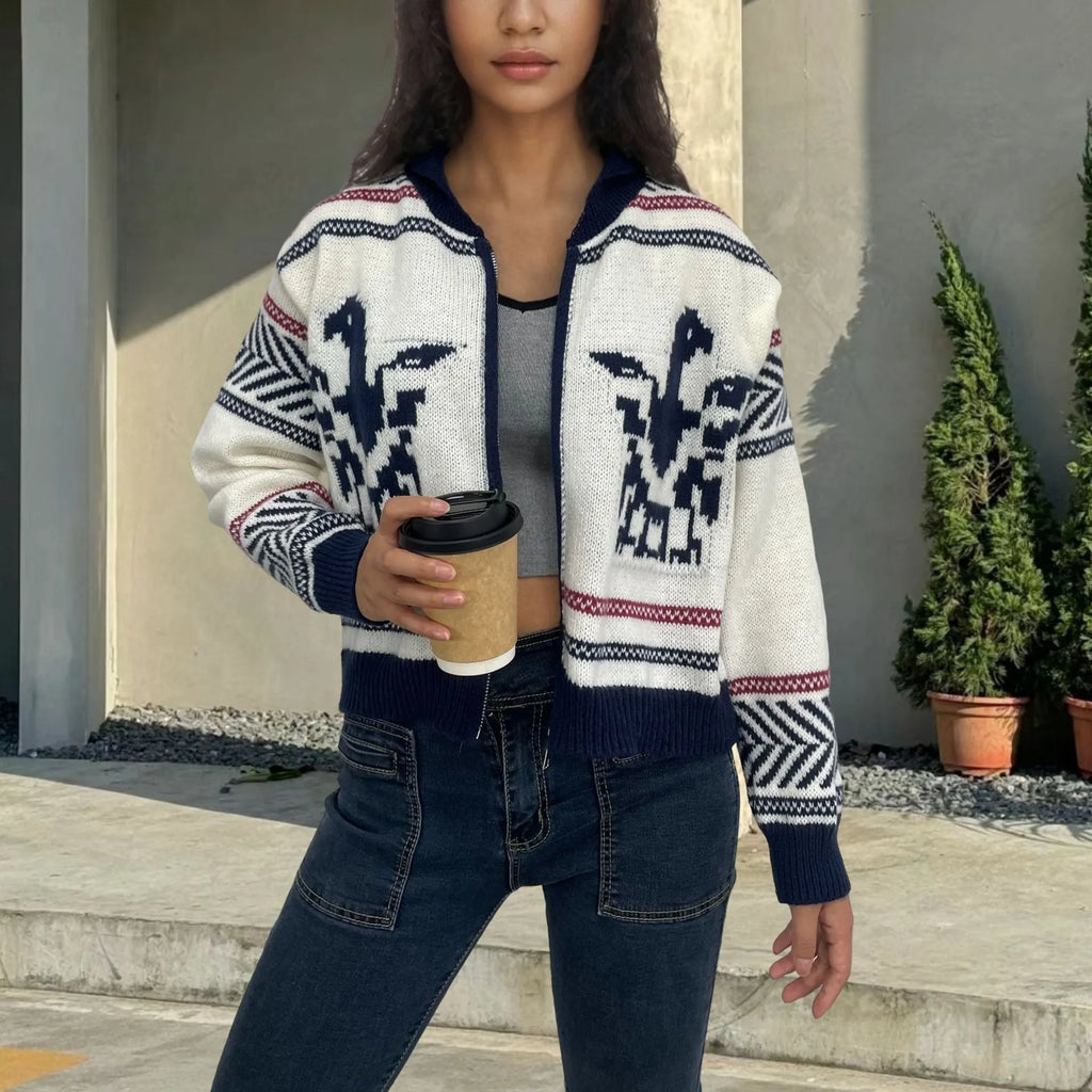 White women's zip cardigan with contrasting jacquard stripe pattern and a lapel collar.