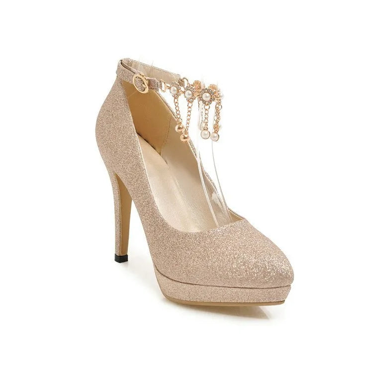 Women's blue platform stiletto high heels with a shallow cut, shown from the side.