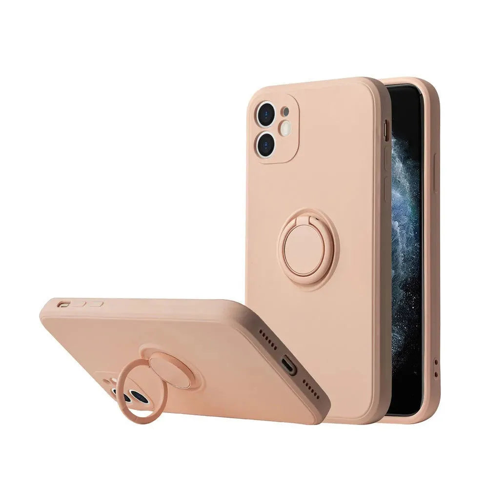 Liquid silicone phone case with a flip-out bracket for Apple iPhone 12, shown in a choice of colours.