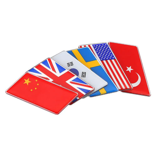 Aluminium parallelogram car sticker with national flag design measuring 6.3 by 3 cm