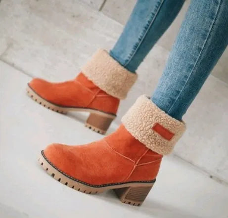 Mid-tube thick heel suede snow boots with round head and flat heel in black gray green khaki orange