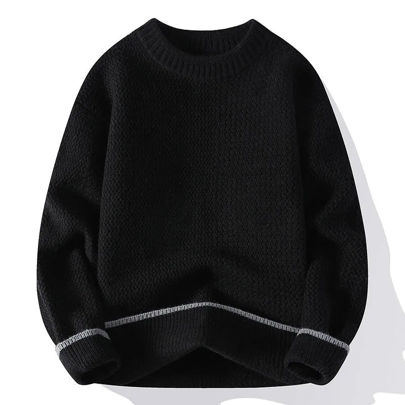 Men's loose fit round neck pullover sweater in polyester blend fabric for autumn wear