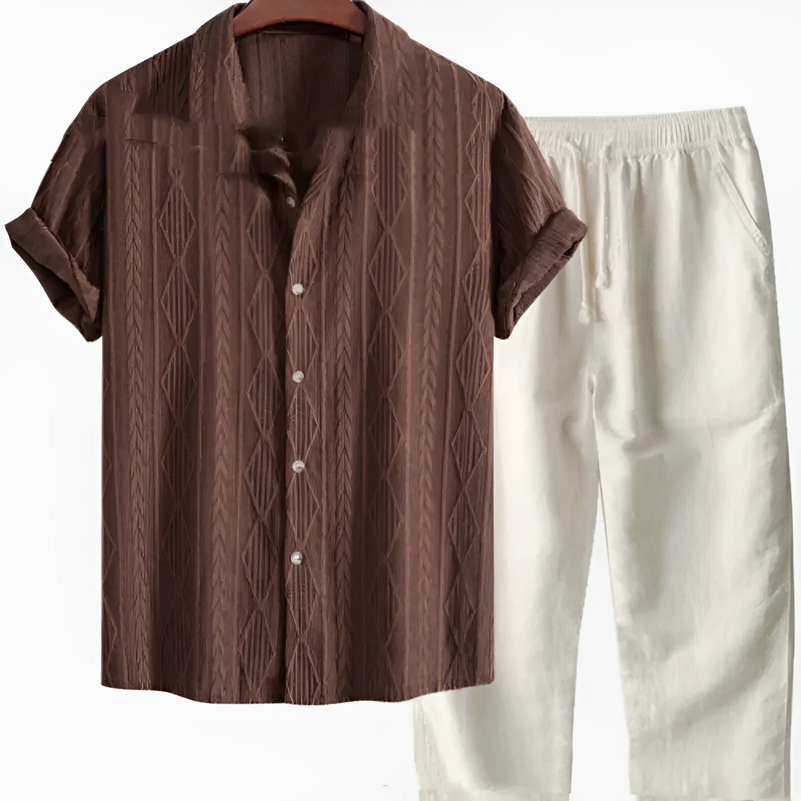 Men's loose fitting short sleeve shirt and trousers casual suit in milk silk polyester fabric