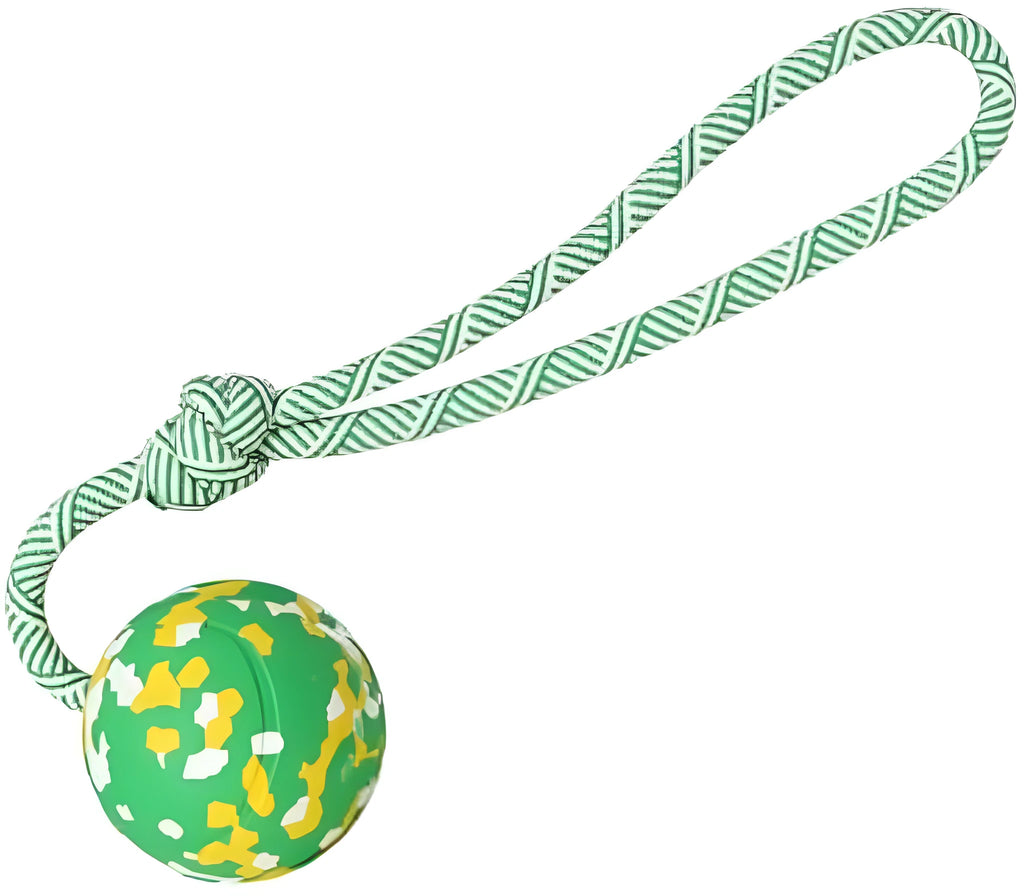 Natural rubber dog ball with nylon rope attached, suitable for fetch and tug games with medium small dogs