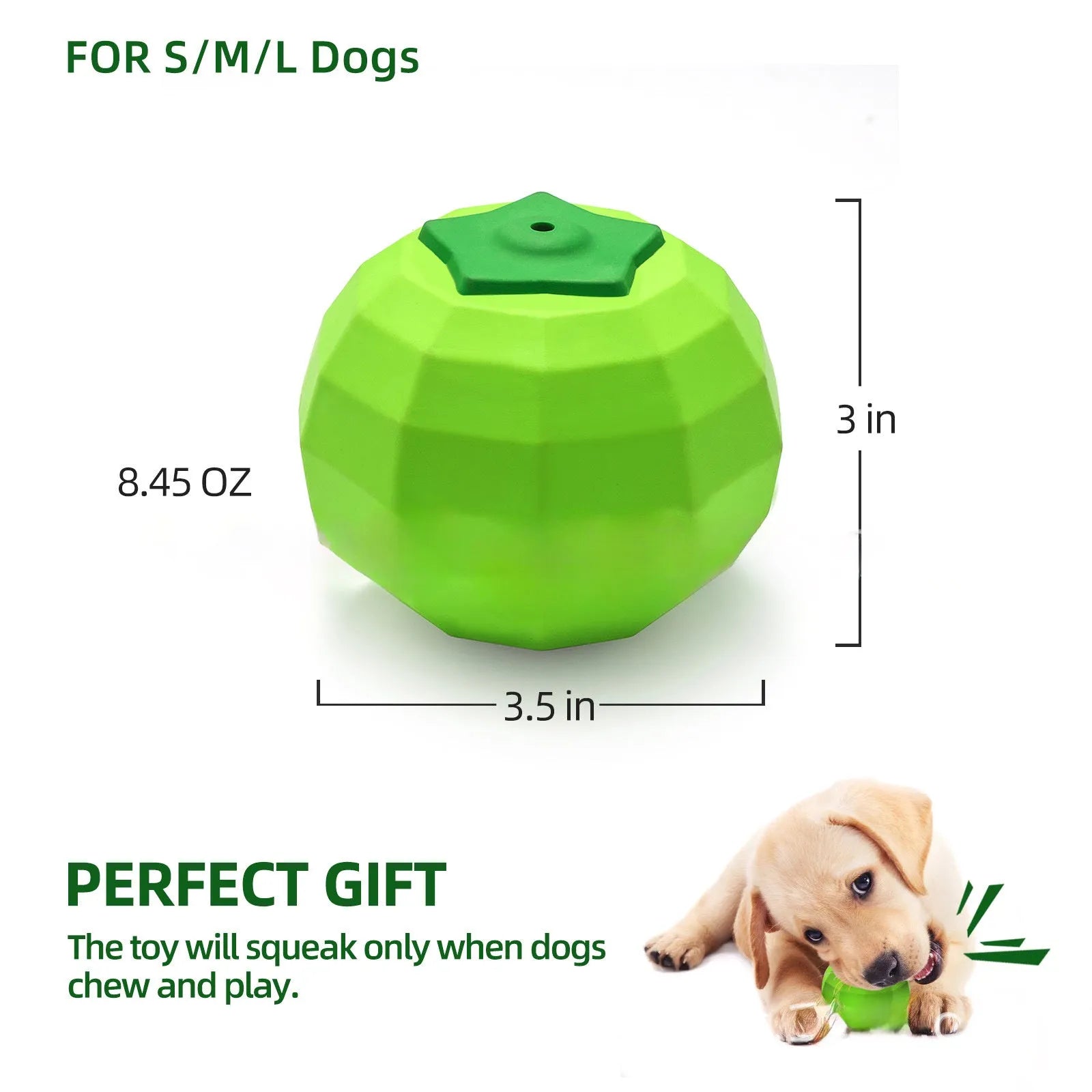 Green beef-flavoured squeaky dog ball for aggressive chewers made from natural rubber