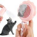 Self-cleaning spray cat grooming brush with stainless steel bristles in grey, green, and pink colour options.