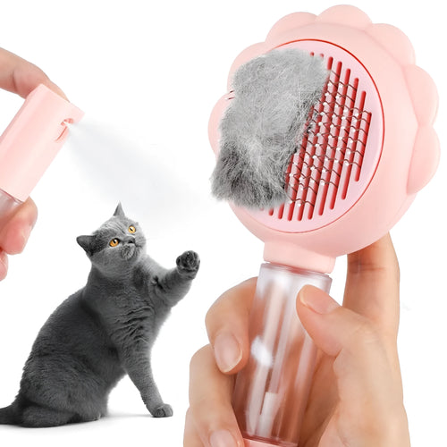 Self-cleaning spray cat grooming brush with stainless steel bristles in grey, green, and pink colour options.