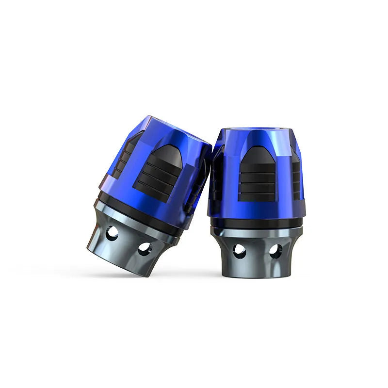 Pair of anodised aluminium alloy fork cups for motorcycle and electric car front axle mounting.