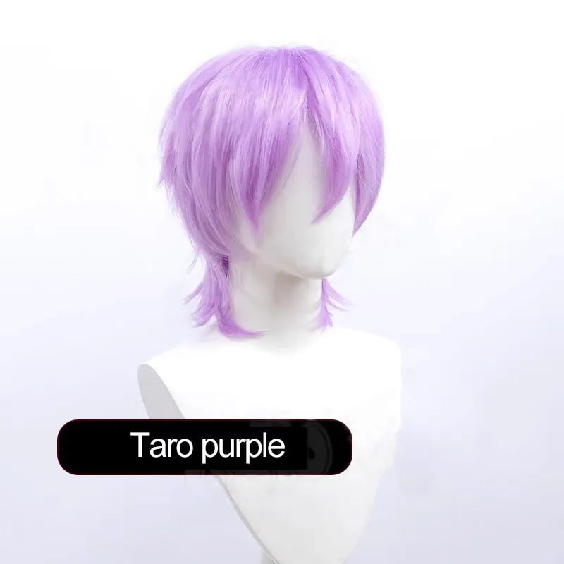 A short-style anime cosplay wig for men in a selected colour, showing its lengthened hair tail.
